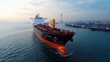 © khonkangrua - Huge Cargo Ship in Open Water at Sunrise