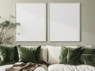 Two blank frames mockup on a white wall above a white couch with green velvet pillows. a brown blanket. and a potted plant