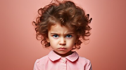 Poster - A young girl with curly brown hair and blue eyes is looking directly at the camera with a serious expression. She has a pink shirt on and is against a light pink background.