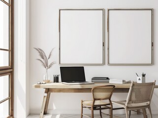 Minimalist home office with a wooden desk. two chairs. a laptop. and two framed empty canvases