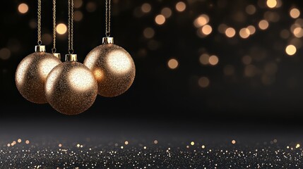 Wall Mural - Golden Christmas Baubles Hanging in Dark Night with Bokeh Lights - Holiday Banner or Greeting Card Panorama Background Template