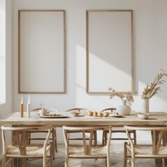 A minimalist dining room interior with a wooden table and chairs. two empty frames on the wall. a vase with dried flowers. and sunlight streaming in through a window