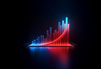 A red and blue neon graph is growing upwards with a red curve highlighting the upward trajectory.