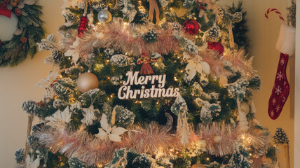 A beautifully decorated Christmas tree adorned with festive ornaments, snowy foliage, and a cheerful 'Merry Christmas' sign, creating a warm holiday atmosphere.