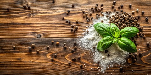 A Rustic Wooden Tabletop Featuring Fresh Basil Leaves, Black Peppercorns, and White Powder, A Culinary Still Life Ready for Your Next Recipe