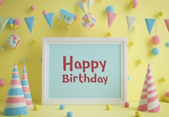 A framed message of Happy Birthday in a pastel-colored setting with colorful party decorations