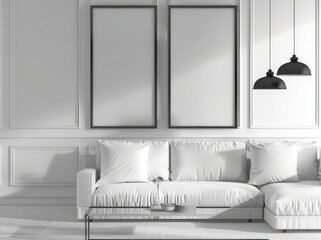 Modern minimalist living room interior with white sofa. two empty frames and pendant lamps