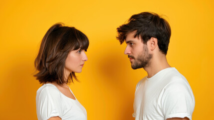 Two focused individuals share a serene moment, gazing at each other against a vibrant yellow backdrop.