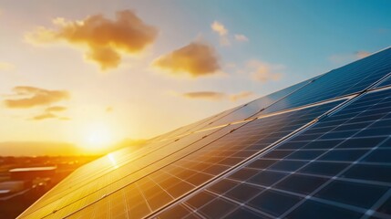 Solar Panels at Sunset with Beautiful Sky Colors