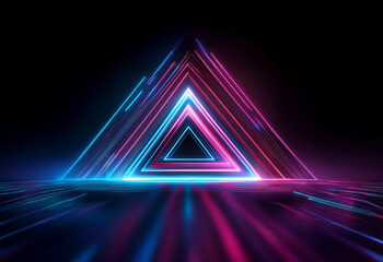 Canvas Print - a glowing neon triangle pyramid stands on a dark background, with blue and pink lights emanating fro