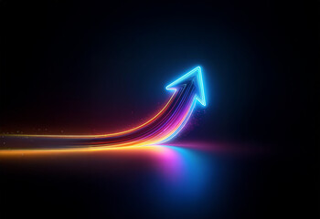 A glowing neon arrow pointing upward against a dark background. The arrow is curved, and its light trails behind it.