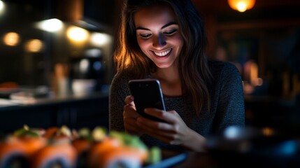 A young woman smiles as she uses her phone at a restaurant table with a plate of sushi in front of her.