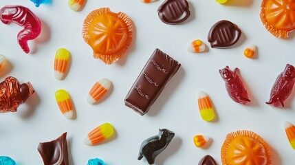 An eerie display of Halloween candy, featuring wrapped chocolates, candy corn, and colorful gummy creatures against a white backdrop