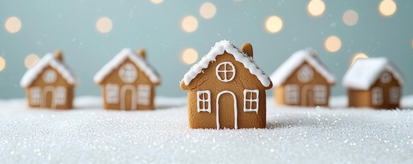 A charming display of gingerbread houses dusted with snow, set against a soft background with twinkling lights, evoking a festive holiday atmosphere.