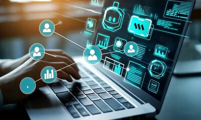 Person using a laptop with AI and technology icons
