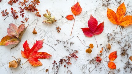 Artistic creation featuring autumn leaves and plants on a white surface, capturing the essence of the fall season