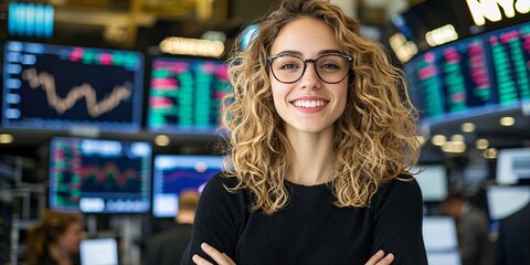 Professional Woman in Trading Environment Smiling Brightly