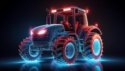 A vibrant, futuristic tractor design created with glowing lines and neon effects against a dark background, showcasing modern technology in agriculture.