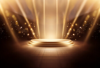 A golden podium with a spotlight shines on it in a dark background with glittering lights.