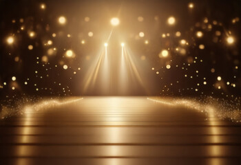 Wall Mural - a golden stage illuminated by spotlights with a blurred background of glittering dust.