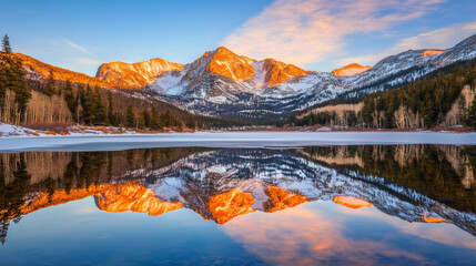 Wall Mural - serene landscape showcases tranquil lake reflecting majestic snow capped mountains at dawn, surrounded by lush forests and clear blue sky