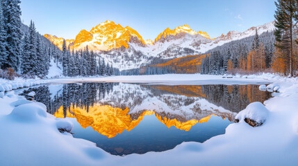 Wall Mural - serene winter landscape featuring snow covered mountains reflecting in calm lake. first rays of dawn illuminate peaks, creating stunning visual contrast