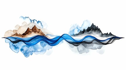 Poster - Abstract mountain landscape with flowing water and soft clouds in harmonious colors creating a serene atmosphere