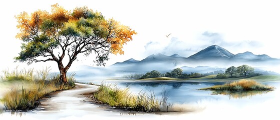 Wall Mural - Serene autumn landscape a tranquil path along the water's edge with vibrant trees and majestic mountains in the distance