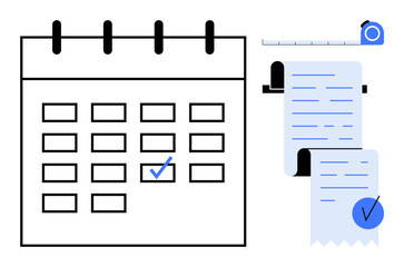 Calendar with dates and a checkmark, alongside two receipts and a measuring tape. Ideal for scheduling, expense tracking, project management, time management, and planning. Modern and clean style