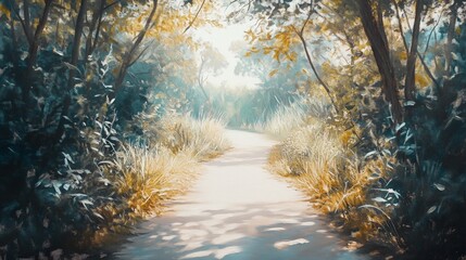 Wall Mural - Artistic white surface displaying a serene outdoor landscape painting of a walking trail, highlighting the beauty of nature and the calmness of the environment