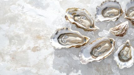 Artistic white surface featuring oysters on ice, highlighting their natural freshness and the unique attributes of these seafood invertebrates