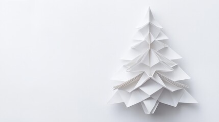 Clean white backdrop displaying a detailed origami Christmas tree, focusing on the intricate folds and smooth paper texture