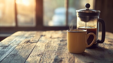 Wall Mural - Cozy morning coffee break on a rustic wooden desk with a cup of hot steaming coffee laptop and natural lighting creating a warm and relaxing atmosphere for work or a break