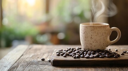 Cozy morning ritual with freshly brewed coffee in a ceramic mug surrounded by roasted coffee beans on a rustic wooden table