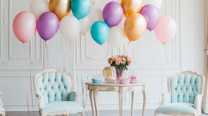 Clean white background showcasing a birthday table with a variety of colorful balloons and elegant furniture, setting the scene for a joyful birthday party