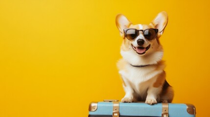 Cute corgi dog with sunglasses sitting on a suitcase generative ai