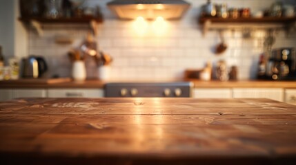 Blurred kitchen counter with wooden table surface.