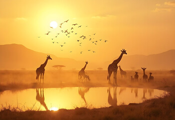 Giraffes silhouetted against stunning sunset, with birds flying overhead and serene water reflection. beautiful scene of nature tranquility