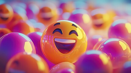 A vibrant scene of joyful emoji faces among colorful spheres.