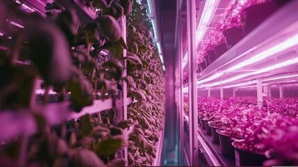 Wall Mural - A panoramic view of a large-scale vertical farm with rows of plants growing under controlled light and temperature conditions