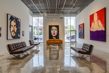 Poster - A modern art gallery with large paintings on the walls and brown leather sofas in the center of the room.