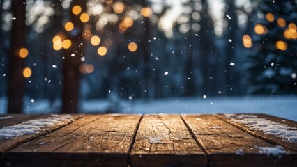 Wall Mural - rustic wood table winter mockup with glowing bokeh lights, snow, and pine tree forest background