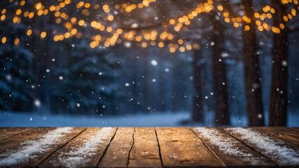 Wall Mural - rustic wood table winter mockup with night scene glowing bokeh lights, snow, and pine trees backgrou