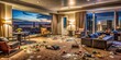 © udomsak - Wide cinematic shot of a trashed modern Vegas hotel suite after a party, luxury, hotel, suite, living room, modern