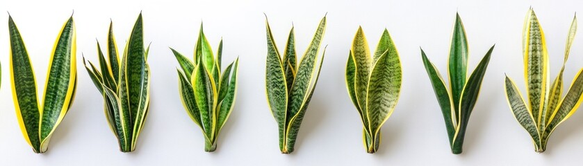 Canvas Print - A collection of Sansevieria leaves arranged in a row on a white background.