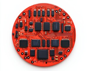 A red circular printed circuit board (PCB) featuring various black electronic components and intricate circuitry designs.