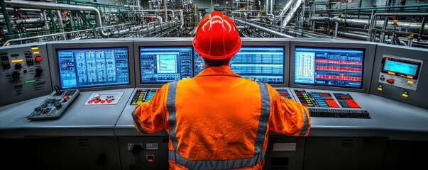 A worker in an orange uniform and helmet operates control panels in an industrial setting filled with machinery and screens.