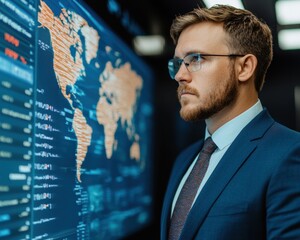 A focused professional analyzes global data displayed on a high-tech screen in a modern office environment.