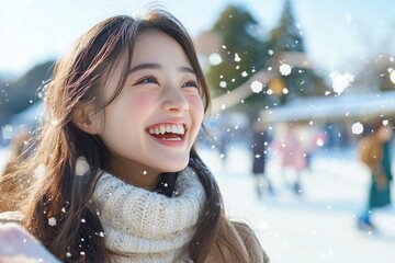 Joyful Japanese Woman Enjoying Winter Snow Scene