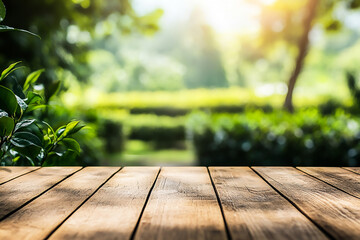 Wall Mural - Photo wooden produm tea garden blur background